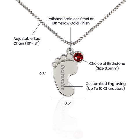 Celebrate the arrival of a newborn or cherish a precious memory with our Custom Baby Feet Necklace with Birthstone. Personalize your gift by engraving a name of your choice onto the pendant and choosing a crystal that correlates with the baby's birth month.