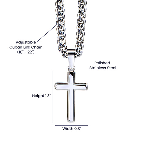 Sizing is appropriate for all ages, and tasteful for both men and women. Crafted in high polished stainless steel, this piece will resist tarnishing and is hypoallergenic for sensitive skin. Includes an adjustable cuban link chain