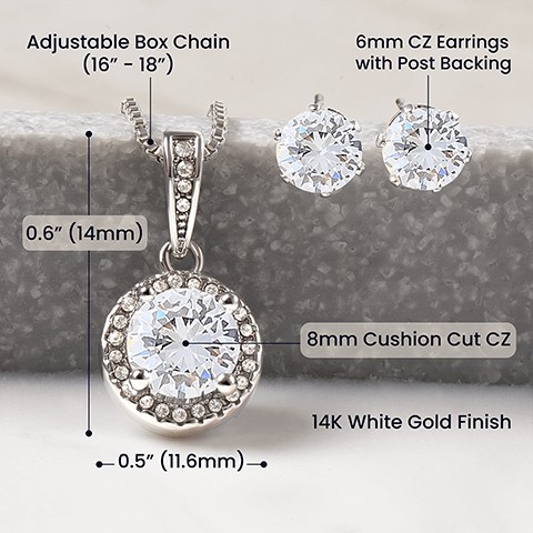 Surprise your sister-in-law with a stunning gift that will make her heart swell! Our dazzling Eternal Hope Necklace and Cubic Zirconia Earring Set is an eye catching pair that can be worn together or separately, adding sparkle and elegance to any occasion! Don't miss out on this spectacular offering!