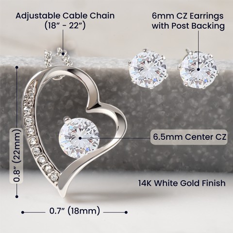 Give your loved one a gift that will make their heart swell! The Forever Love Necklace and Cubic Zirconia Earring Set is sure to do the trick. This necklace and earring pairing provides dazzling sparkle when worn together or separately, and is perfect for any occasion! Do not miss out on this special offering!
