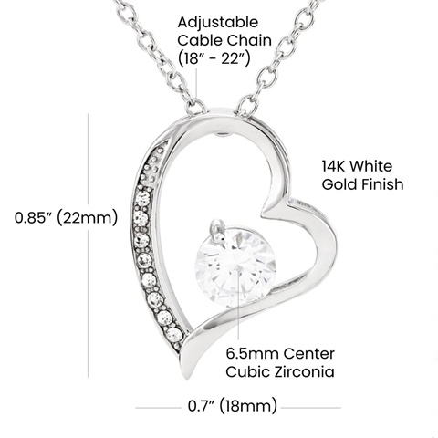 The dazzling Forever Love Necklace is sure to make her heart melt! This necklace features a stunning 6.5mm CZ crystal surrounded by a polished heart pendant embellished with smaller crystals to add extra sparkle and shine. Beautifully crafted with either a white gold or yellow gold finish, be sure to give her a classic gift she can enjoy everyday.