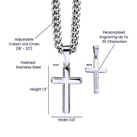 A close up picture of the personlized cross showing measurements for the cross and chain as well as the back of the cross where the engraving will go.